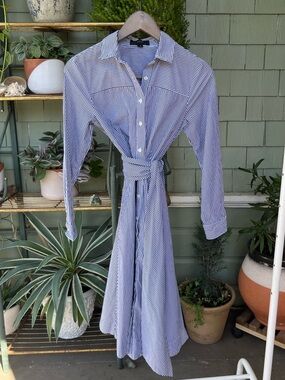 J Crew Cotton Blue & White Striped Long Sleeve Button Up Wrap Dress